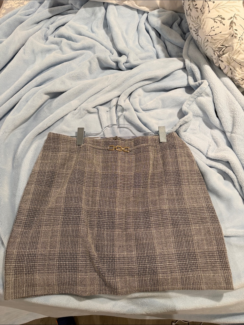 H&M Plaid Mini Skirt with Gold Buckle - Brown and Gray